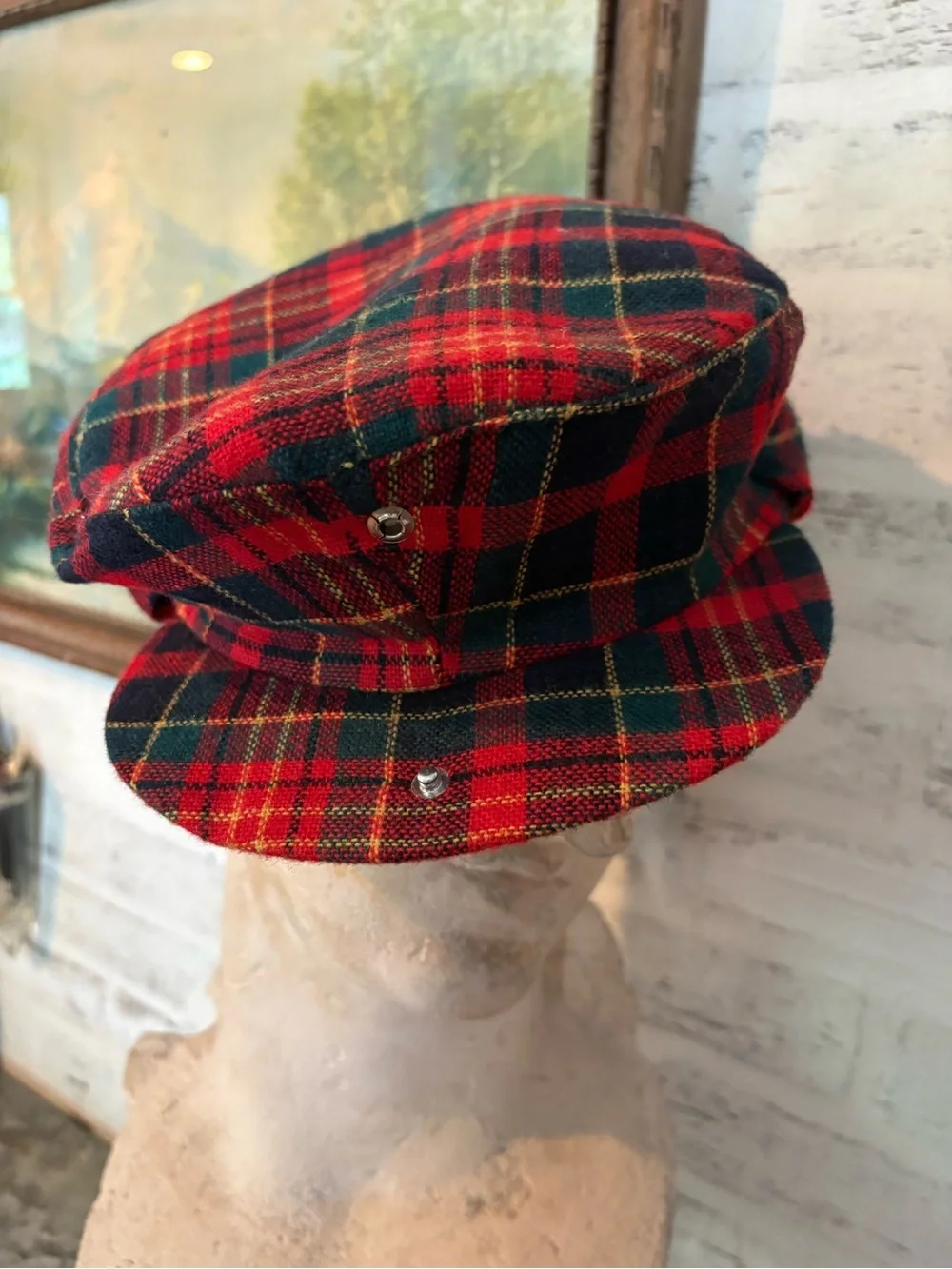 70’s classic vintage red tartan plaid wool flat cap